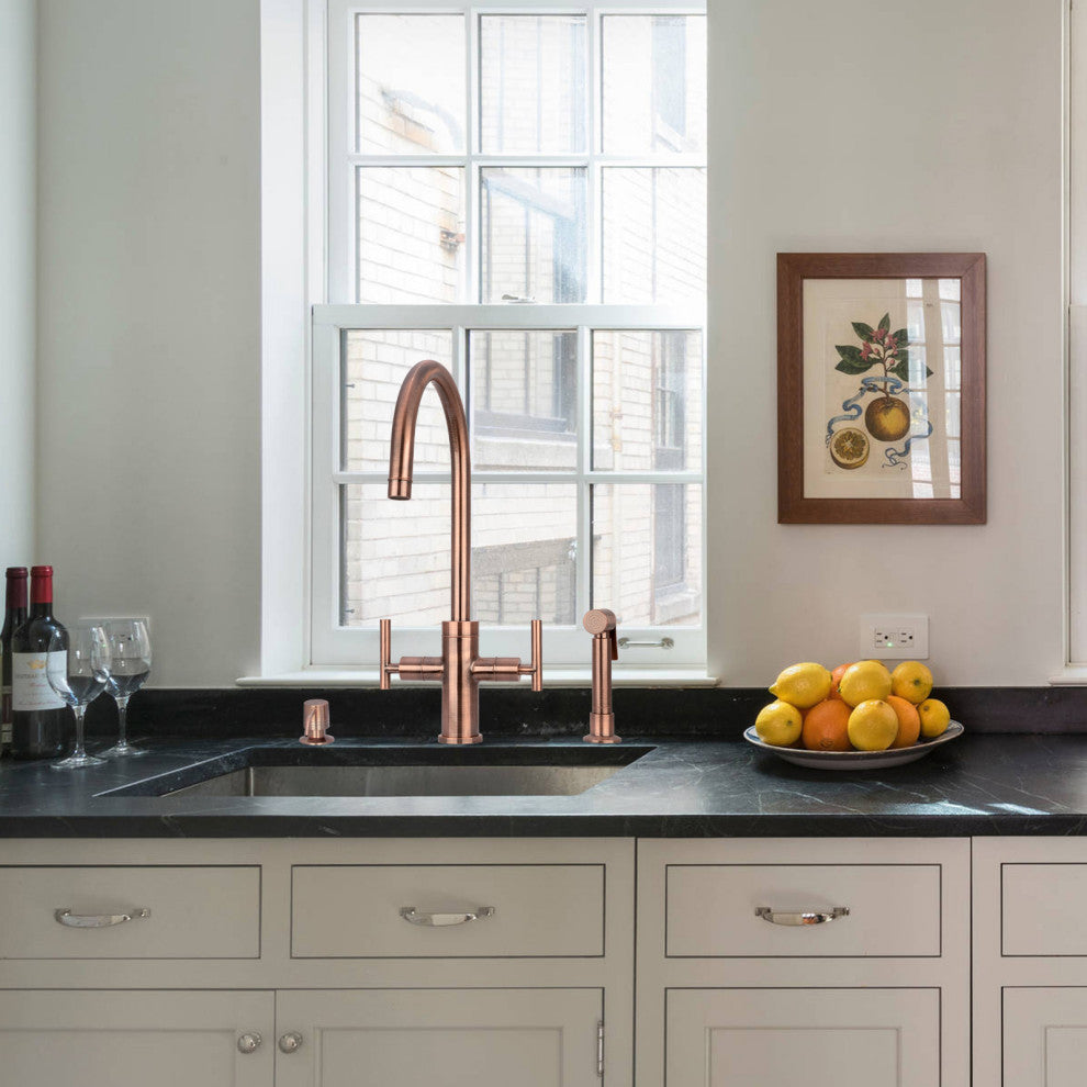 Akicon™ Two-Handle Copper Widespread Kitchen Faucet With Side Sprayer, Antique Copper