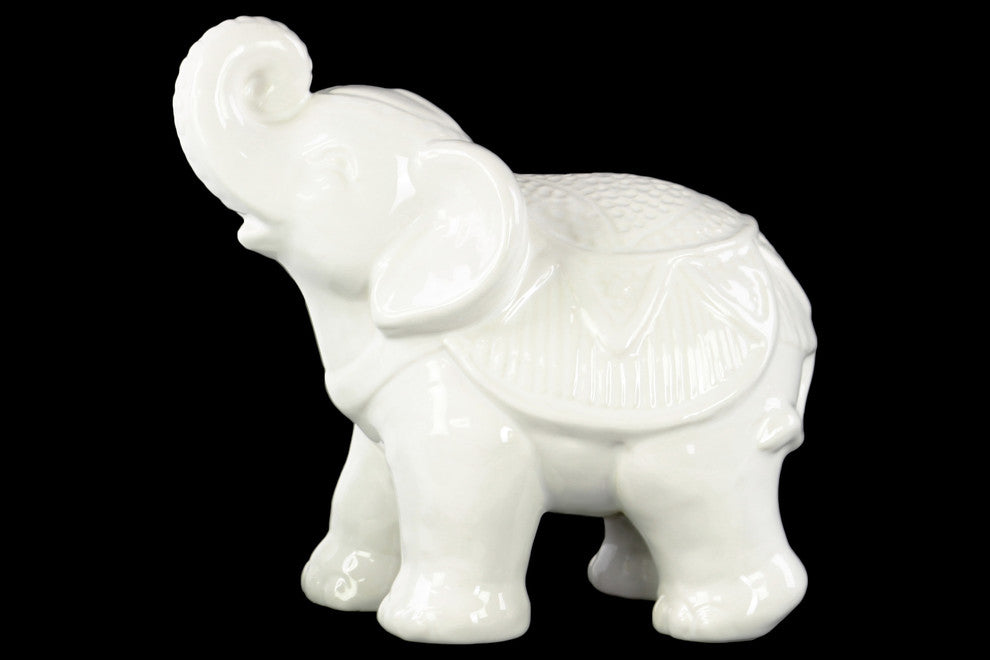 Ceramic Standing Trumpeting Ceremonial Elephant Figurine, White