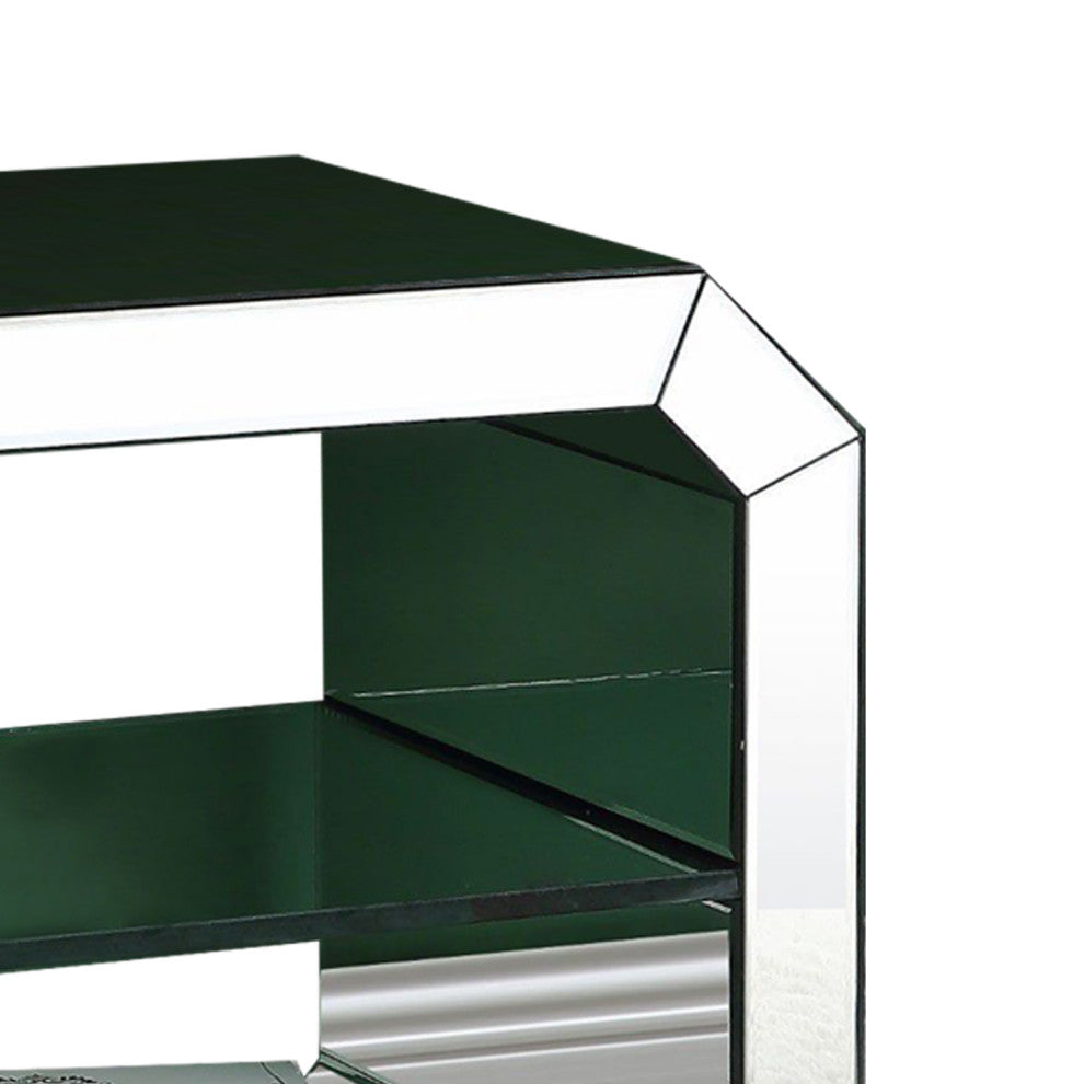 Benzara BM250271 Accent Table With Mirrored Inserts and 1 Glass Shelf, Silver