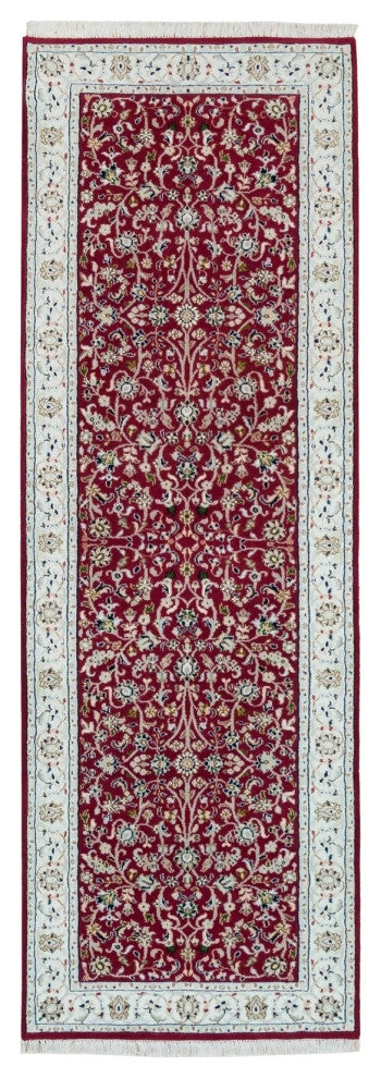 Red, Hand Knotted, Nain Design, 250 KPSI Organic Wool Runner Rug, 2'9"x8'2"