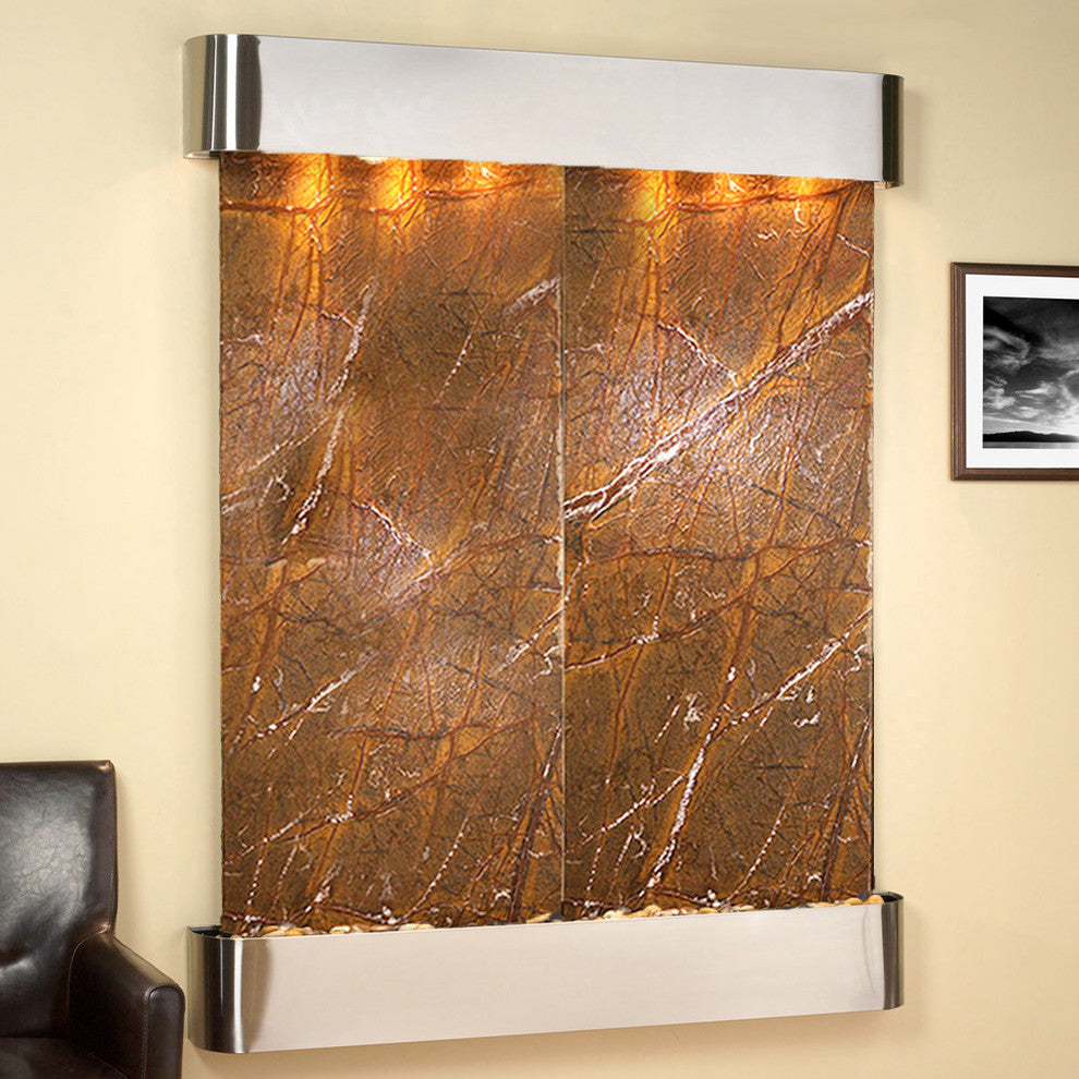 Majestic River Water Fountain, Brown Marble, Stainless Steel, Round Edges
