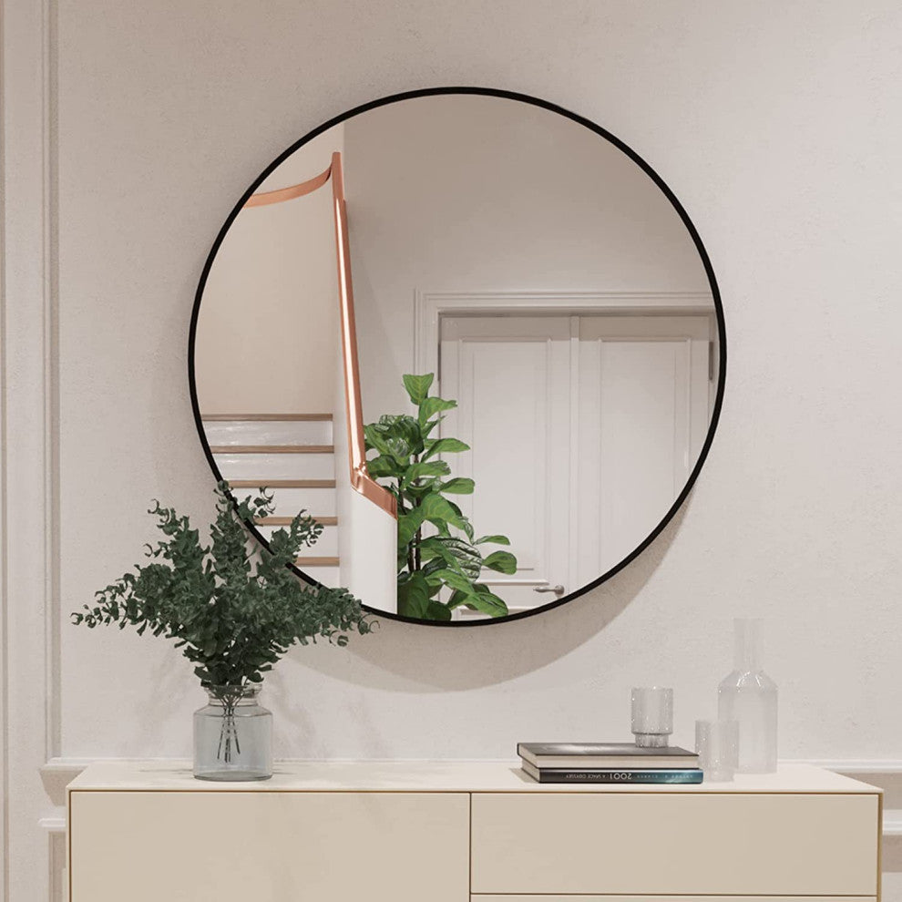 Round Aluminium Framed Wall Mounted Mirror, Black, 32"