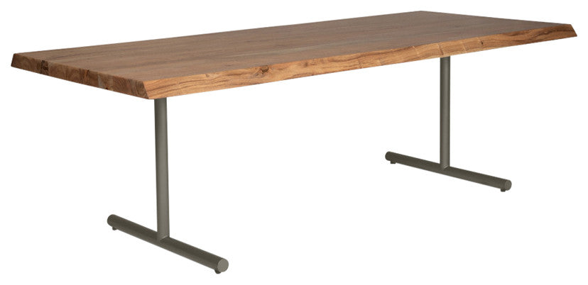 Brooks Dining Table, T Base, 40"x116", Teak Top, Pewter Base