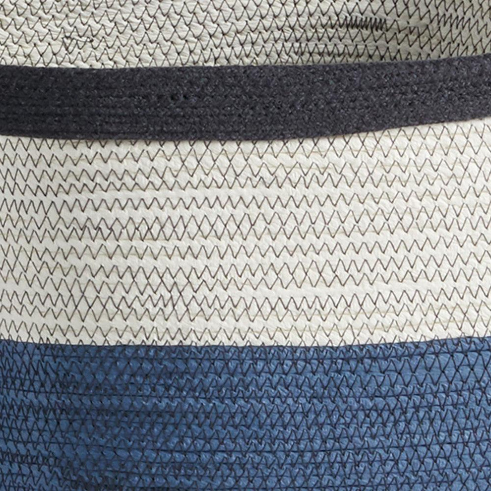 Set of 2 Coastal Casual Natural White Blue Woven Stripe Storage Baskets Large
