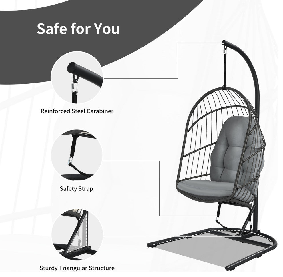 Costway Hanging Wicker Egg Chair w/ Stand Cushion Foldable Outdoor Indoor Gray