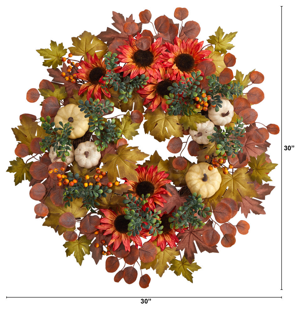 W1179 30 Fall Acorn, Sunflower, Berries and Autumn Foliage Artificial Wreath