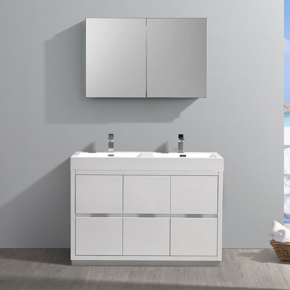 FrescaValencia48"Glossy White Free Standing Double SinkVanity w/Medicine Cabinet