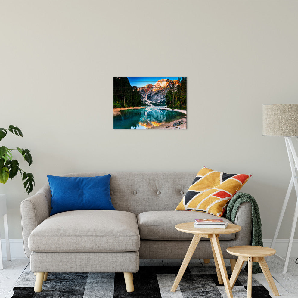 Faux Wood Misty Lake and Snow-cap Mountain Reflections Canvas Prints, 16" X 20"