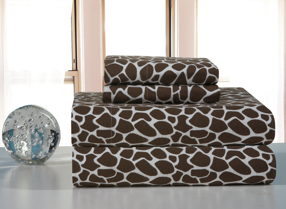 Pointehaven 170 Flannel Sheet Set, Giraffe Chocolate, Twin