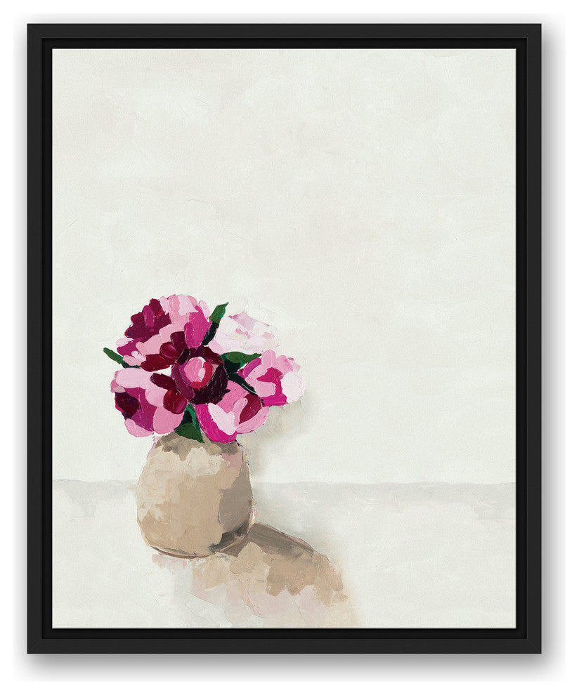 "Pink Flowers In A Vase" Black Floating Framed Canvas, 16"x20"