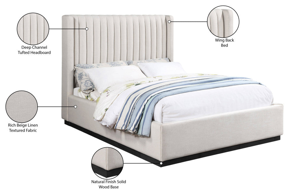 Logan Beige Linen Textured Fabric Twin Bed, Beige, King