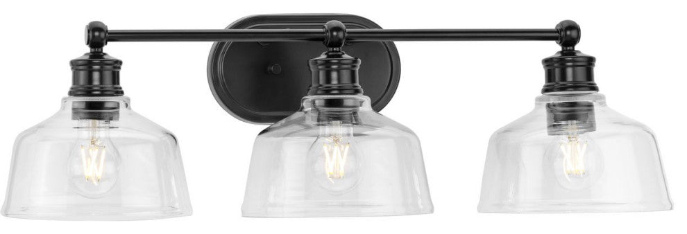Singleton 3-Light 26.5" Matte Black Farmhouse Vanity Light, Clear Glass Shades