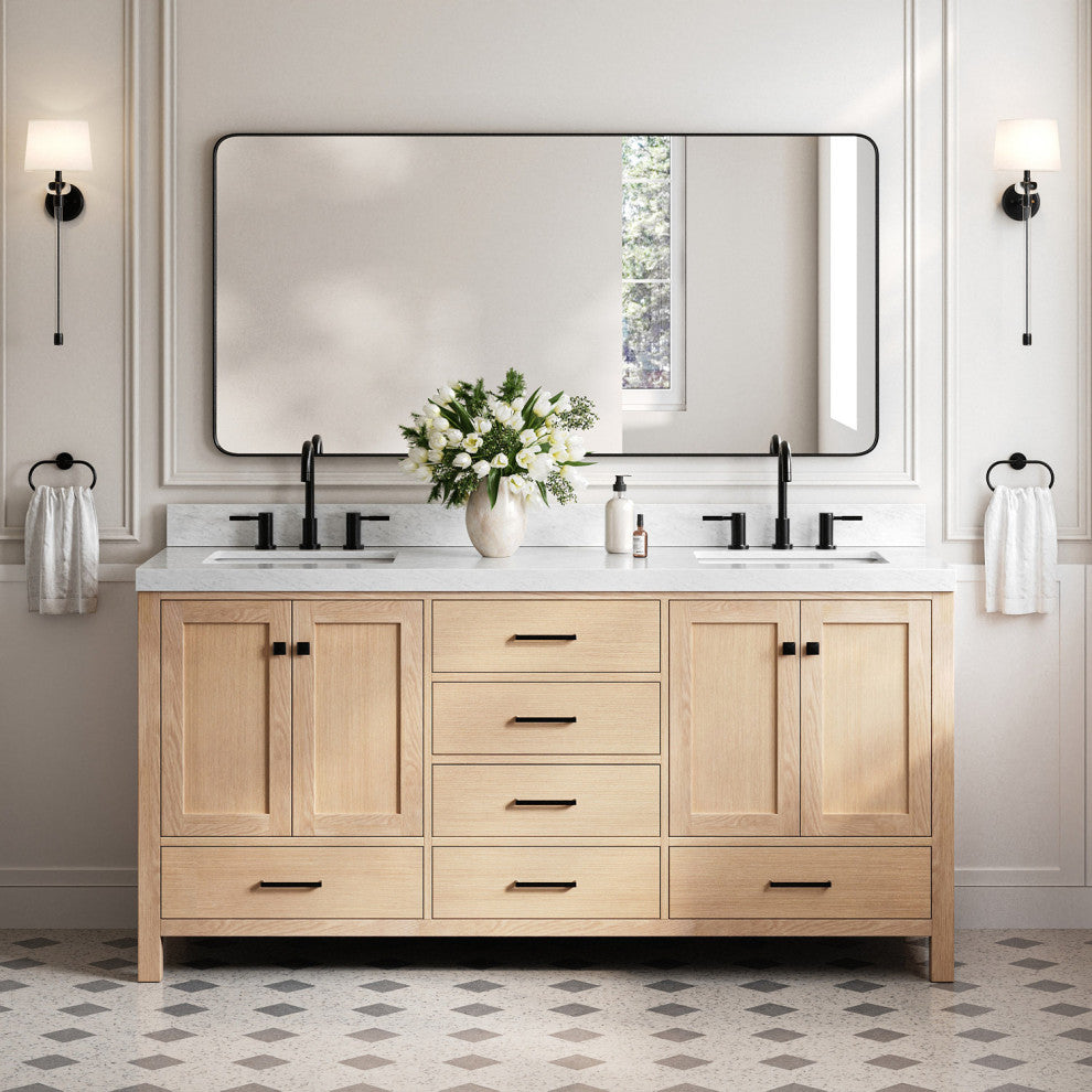 Cambridge 72" Double Bath Vanity With Italian Carrara Marble Top, Oak