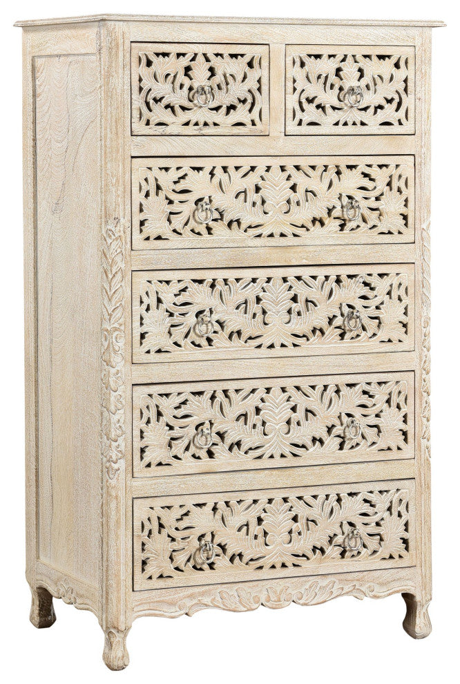 Delaney Carved Tall Chest, Distressed Off-White