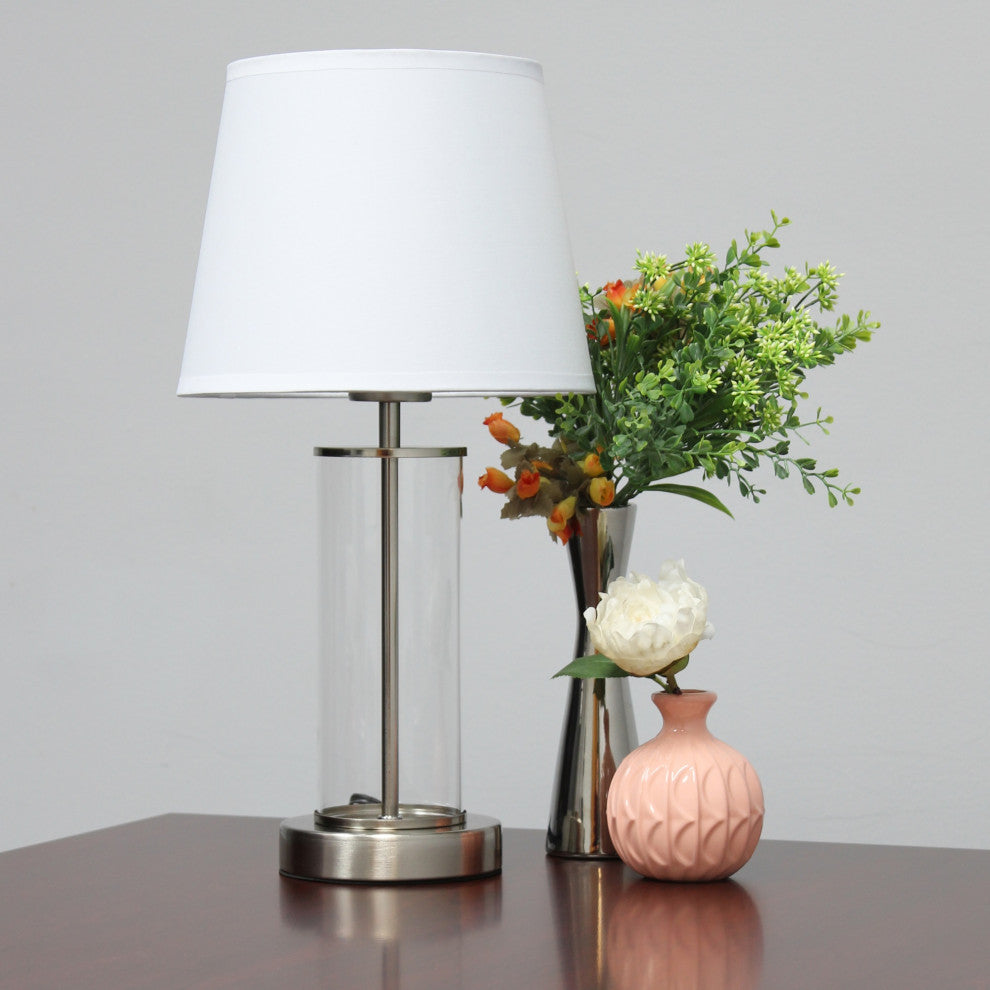 Simple Designs Encased Metal & Clear Glass Table Lamp, Brushed Nickel & White