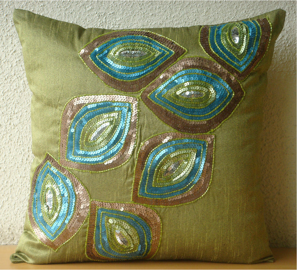 Green Art Deco Pillow Covers 20"x20" Throw Pillow Cover, Sequins Art Silk