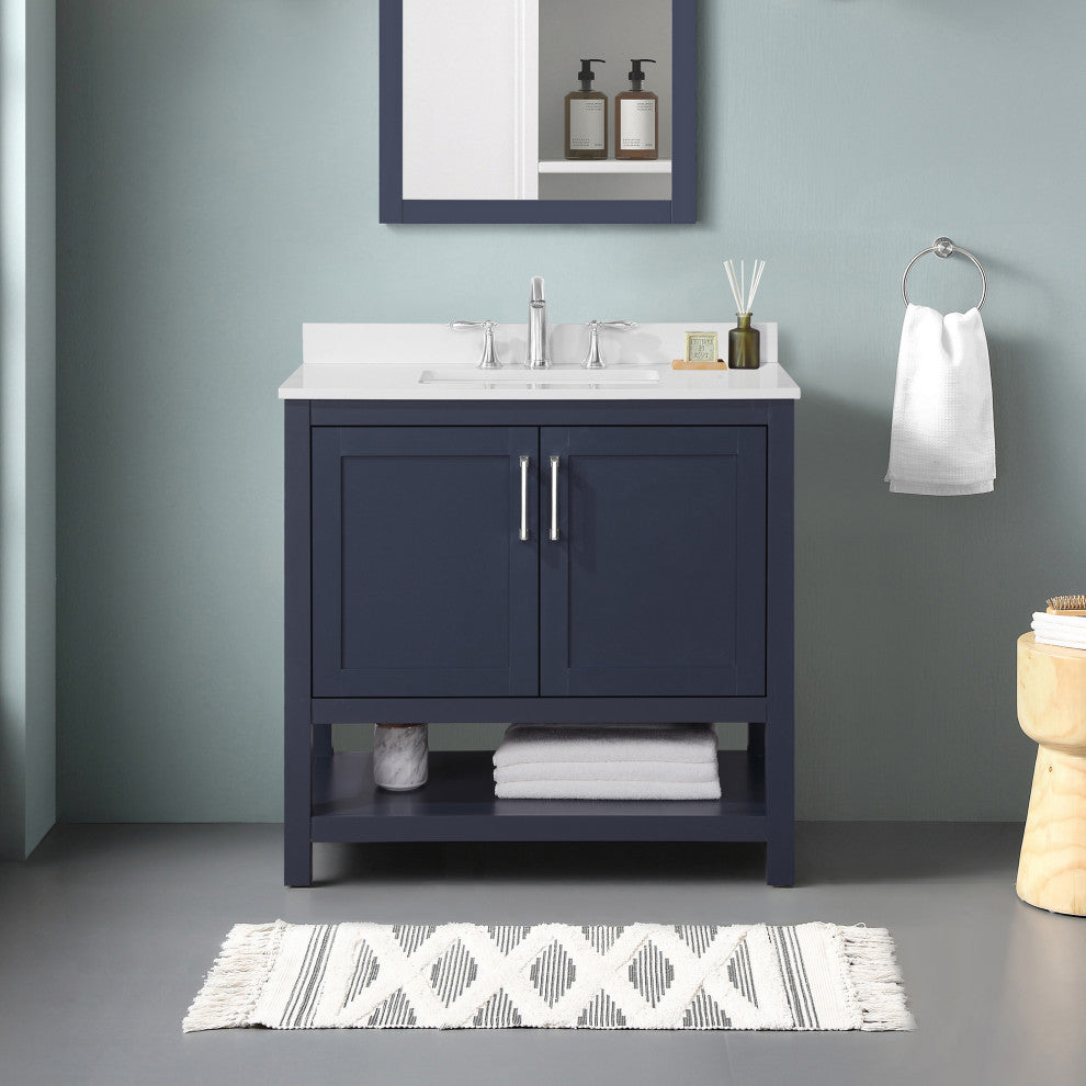 Ove Decors Vegas Single Sink Bathroom Vanity Set With Countertop, White, Midnight Blue, 36"