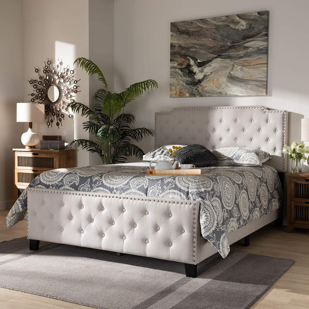 King Panel Bed with Button Tufted Headboard and Nailhead Trim, Beige/Black
