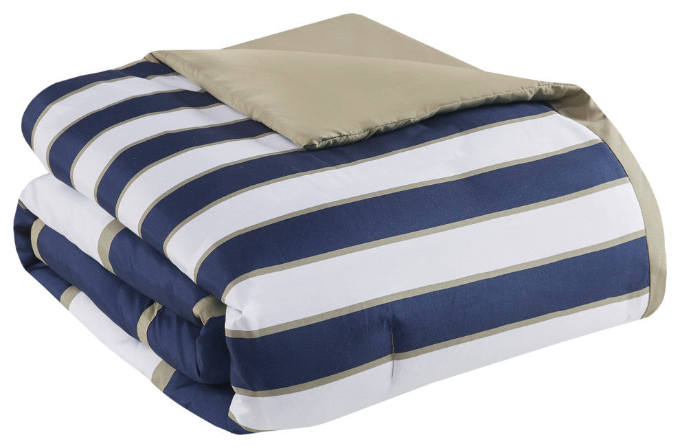 Mi Zone Peach Skin Printed Comforter 3Pcs Set, Khaki/Navy, Twin/Twin Xl