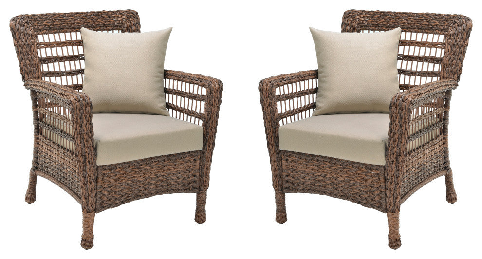 Modern Concept Faux Sea Grass Resin Rattan Patio Chairs Set, Set of 2 Armchairs