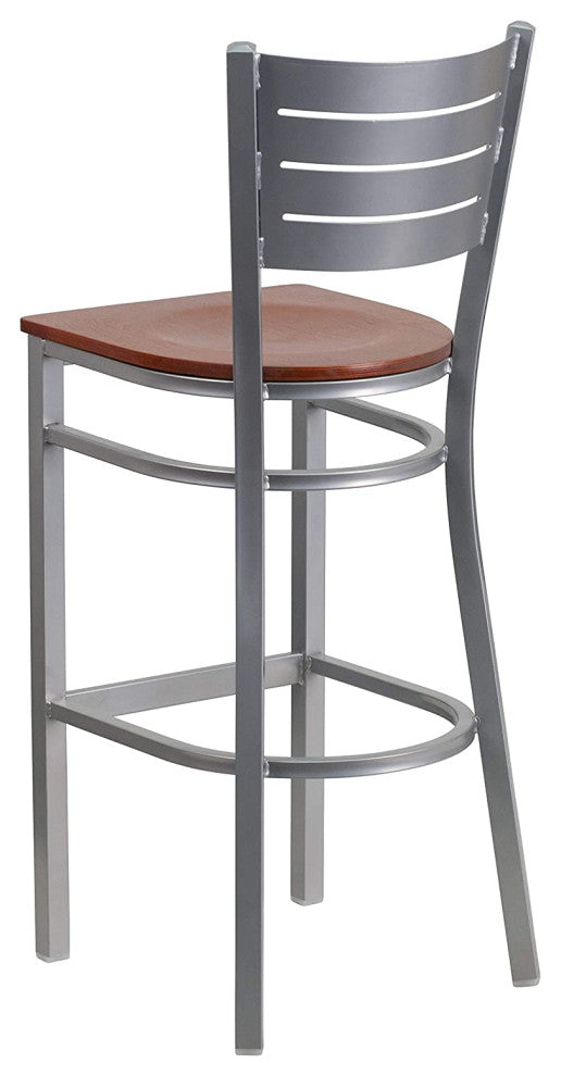 Set of 2 Bar Stool, Silver Metal Frame With Ladder Backrest, Cherry Wood Seat