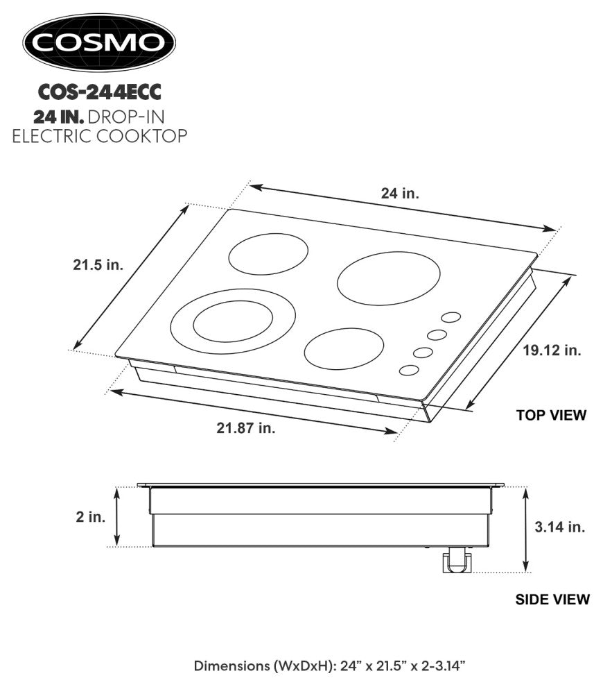 Cosmo 24" Electric Ceramic Glass Cooktop With 4 Elements, Dual Zone Element