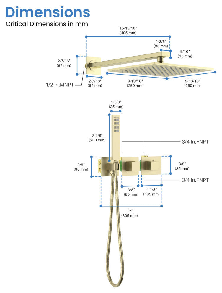 Cube 2 Function Thermostatic Shower System, Rough, Valve, Brushed Gold