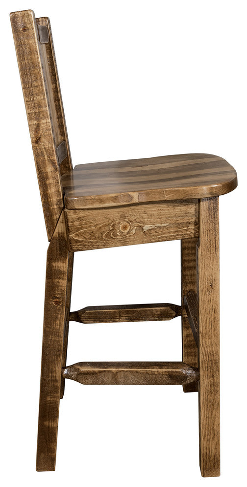 Homestead Barstool With Laser Engraved Pine Tree, Clear Lacquer Finish, Stained