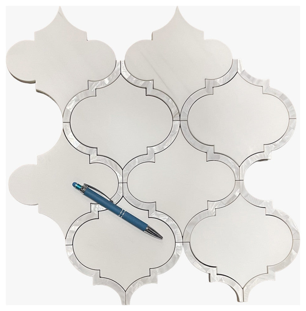 Bianco Dolomiti and Mother Of Pearl Polished Large Arabesque Marble Mosaic