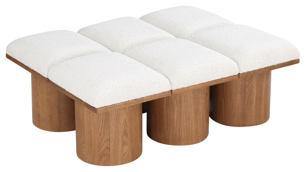 Pavilion Boucle Fabric Upholstered 6-Piece Modular Bench, Cream, Walnut Finish