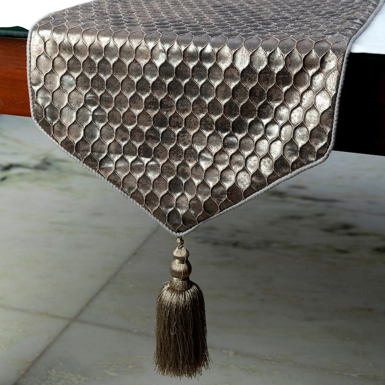 Decorative Table Runner Silver Satin 14"x72", Foil Beehive Tassels, Hive Wave