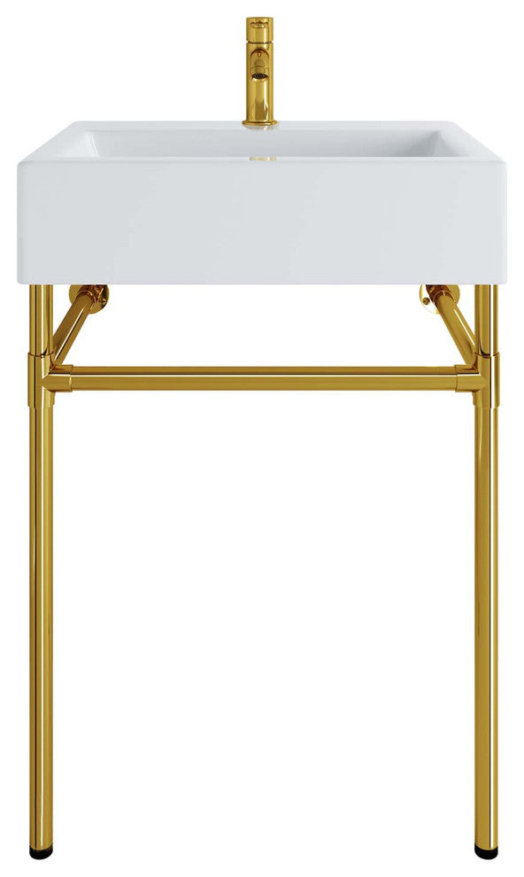 Sink Vanity, Wall Mount, White Gold, Ceramic, Stainless, Modern, Bathroom