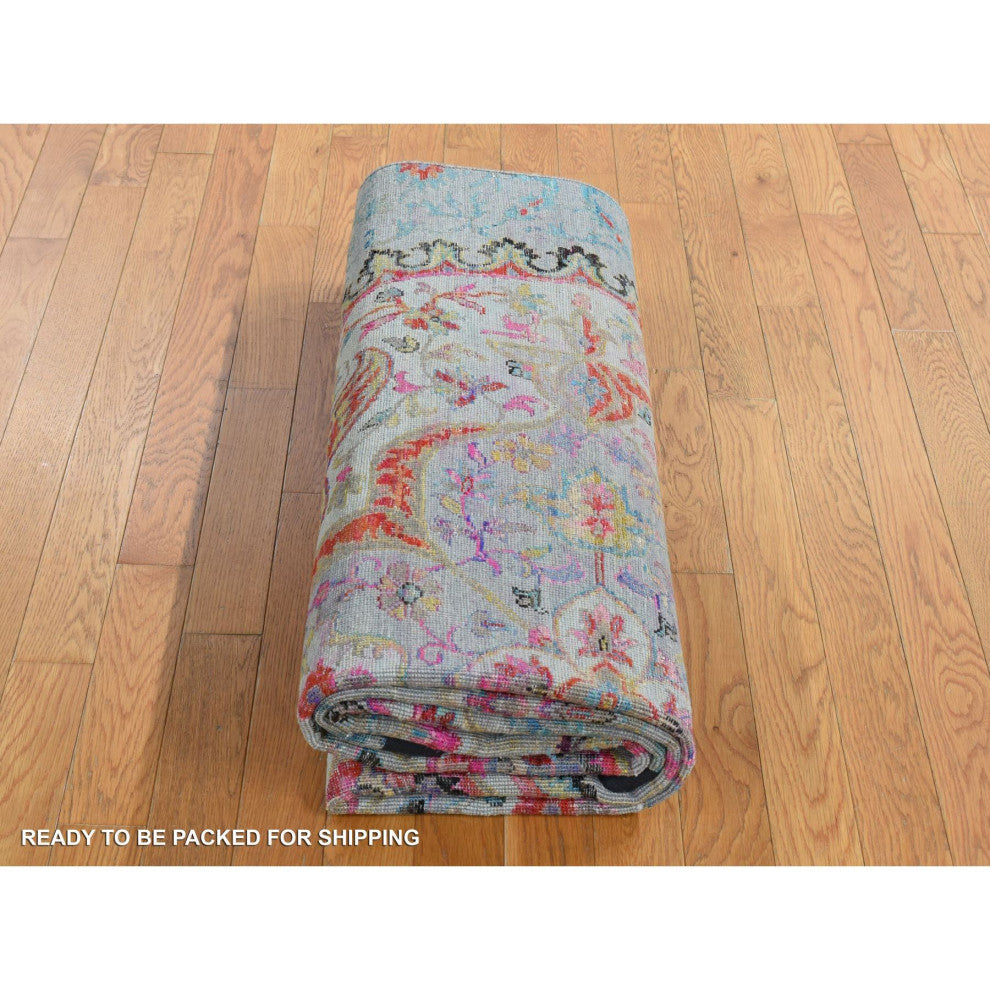 Tan Brown, Maharaja Design, Sari Silk and Wool Hand Knotted Rug, 6'x9'