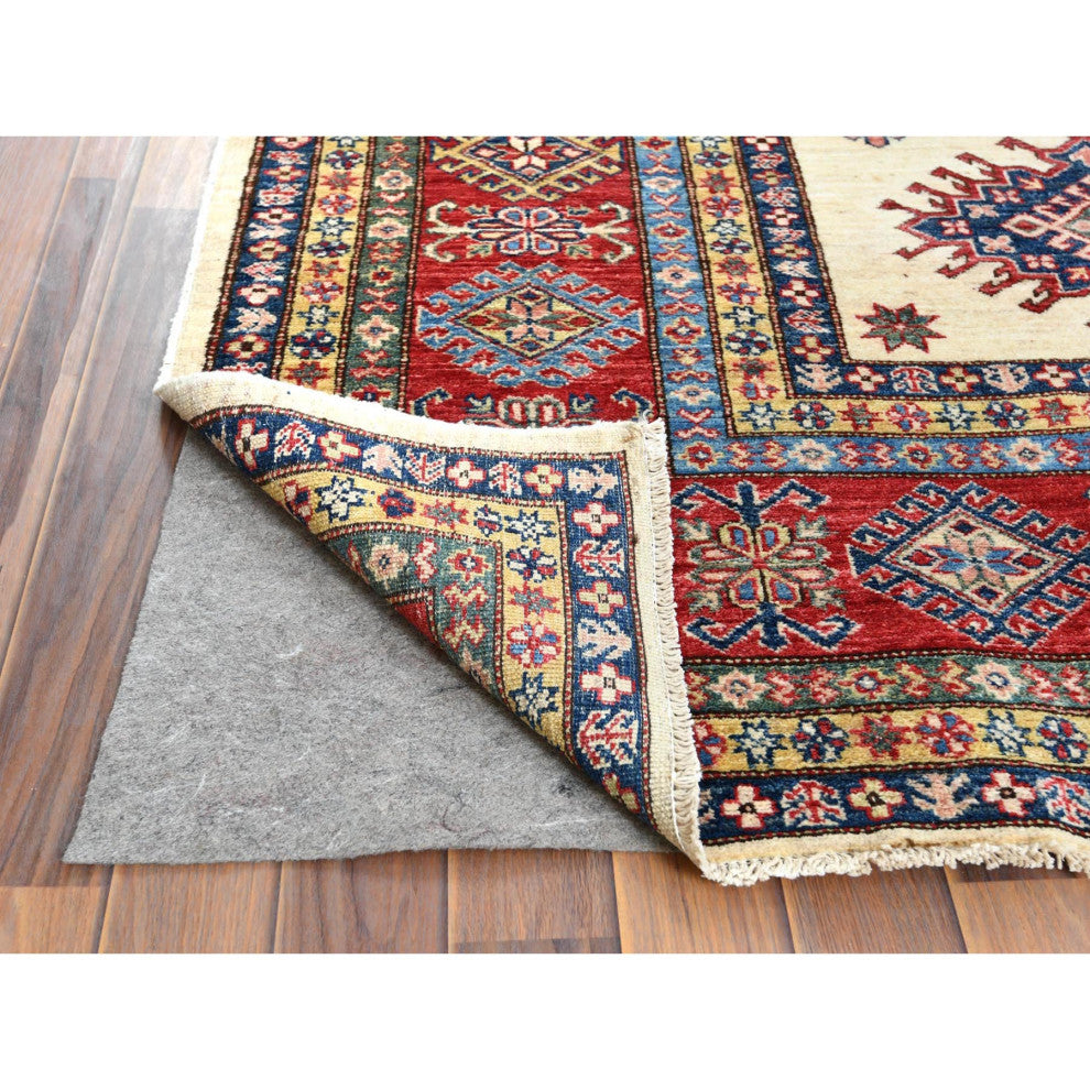 Hand Knotted Ivory Afghan Super Kazak Shiny Wool Oriental Rug, 8'8" x 11'10"