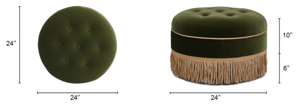 Yolanda 24" Upholstered Round Accent Ottoman, Olive Green Performance Velvet
