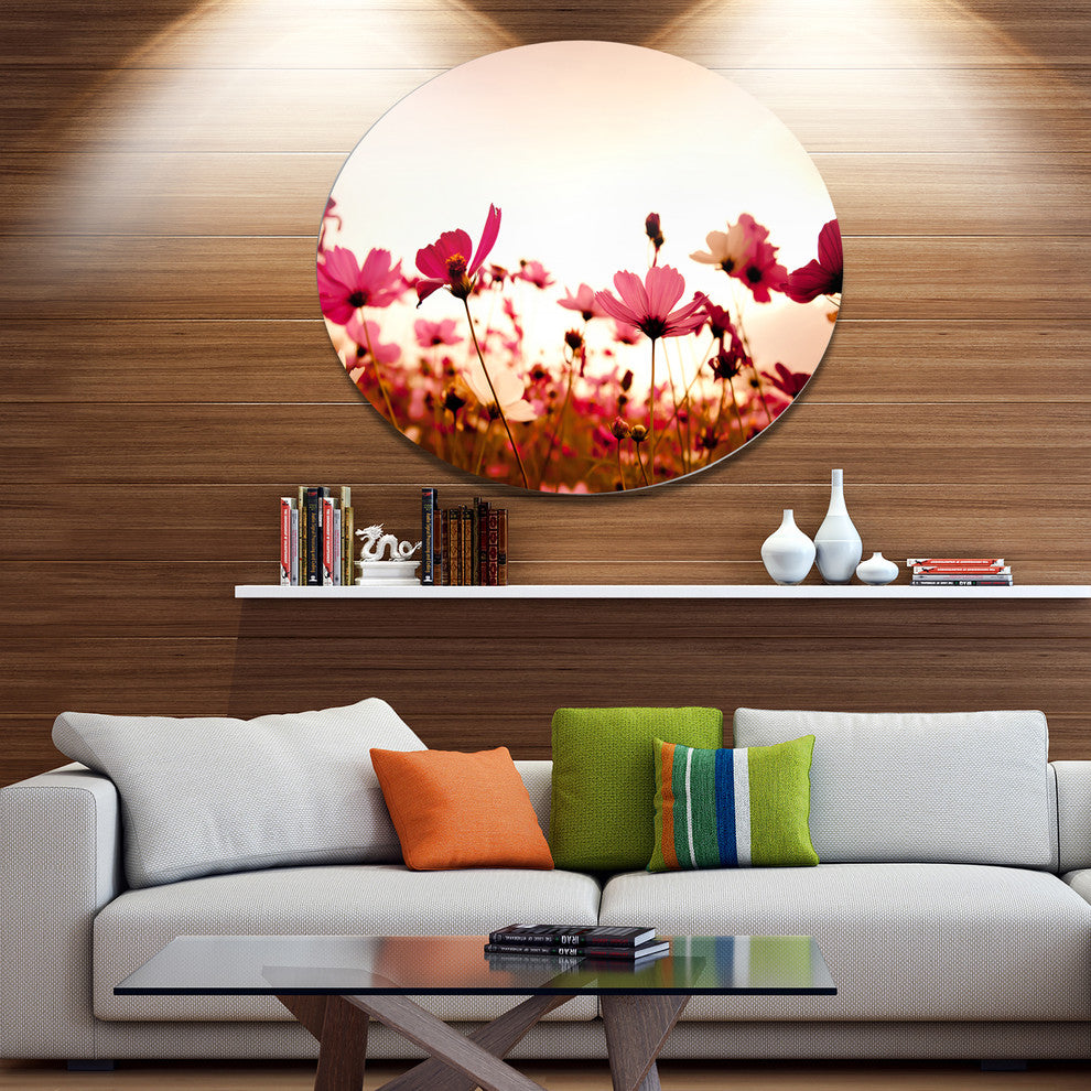 Cosmos Flowers On Pink Background, Floral Disc Metal Wall Art, 11"