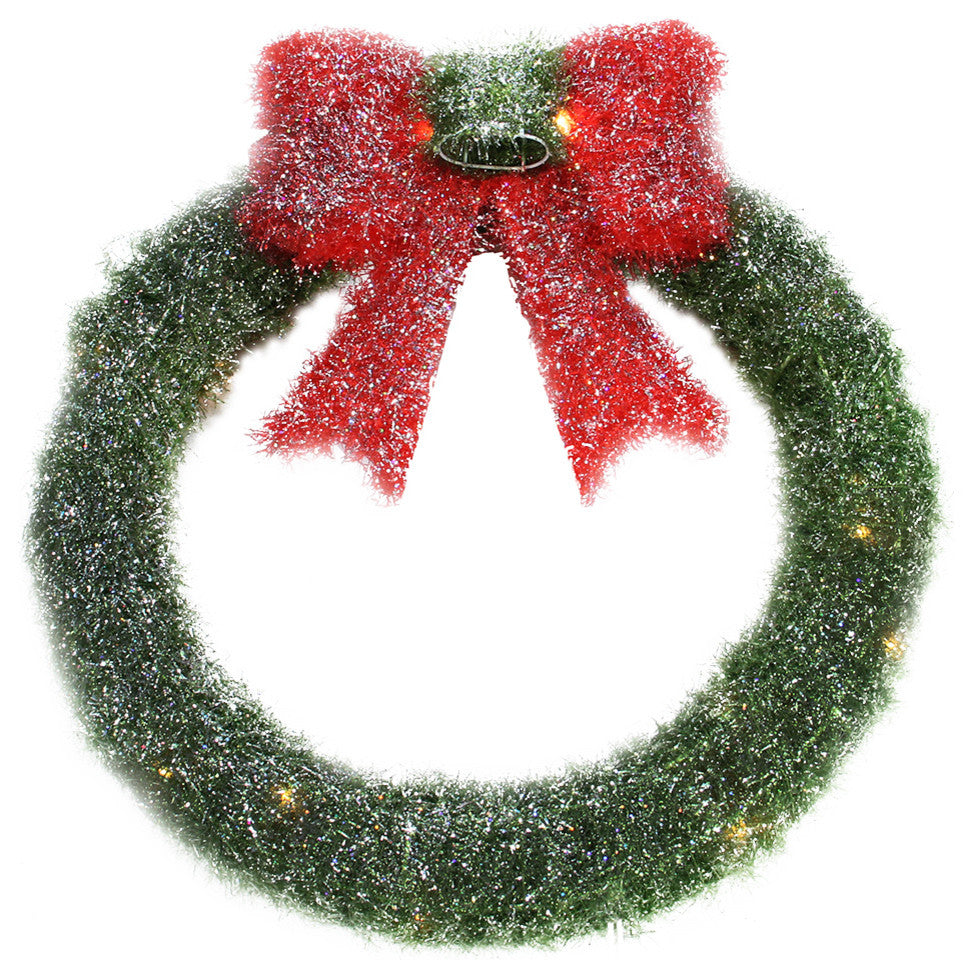 Lighted Tinsel Wreath With Bow Christmas Window Decoration, Green, 16"