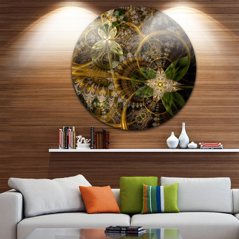 Green Gold Digital Art Fractal Flower, Floral Round Metal Wall Art, 23"
