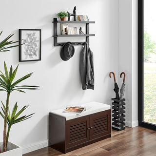 Danya B 2-Tier Ledge Wall Shelf Organizer with Five Hanging Coat or Towel Hooks, Black