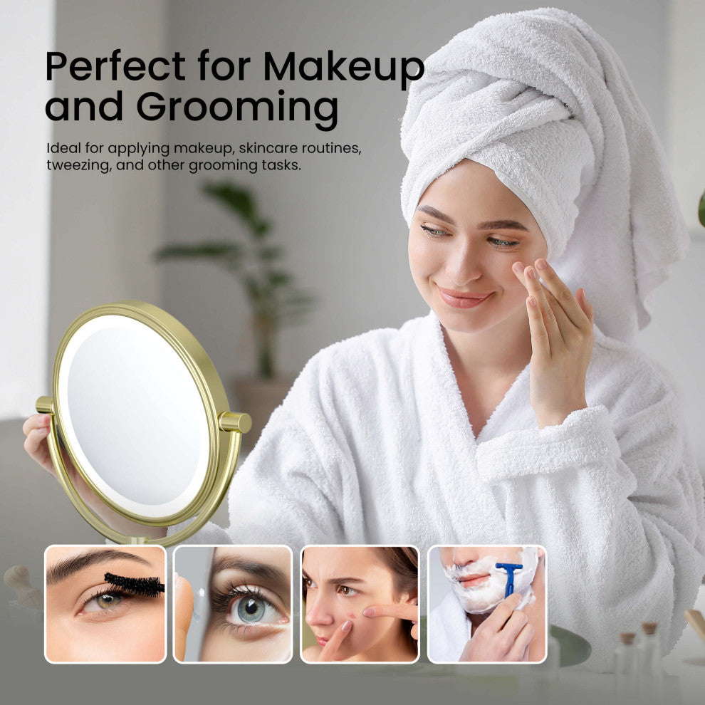 Circular LED Free Standing Magnifying Make Up Mirror, Brushed Gold