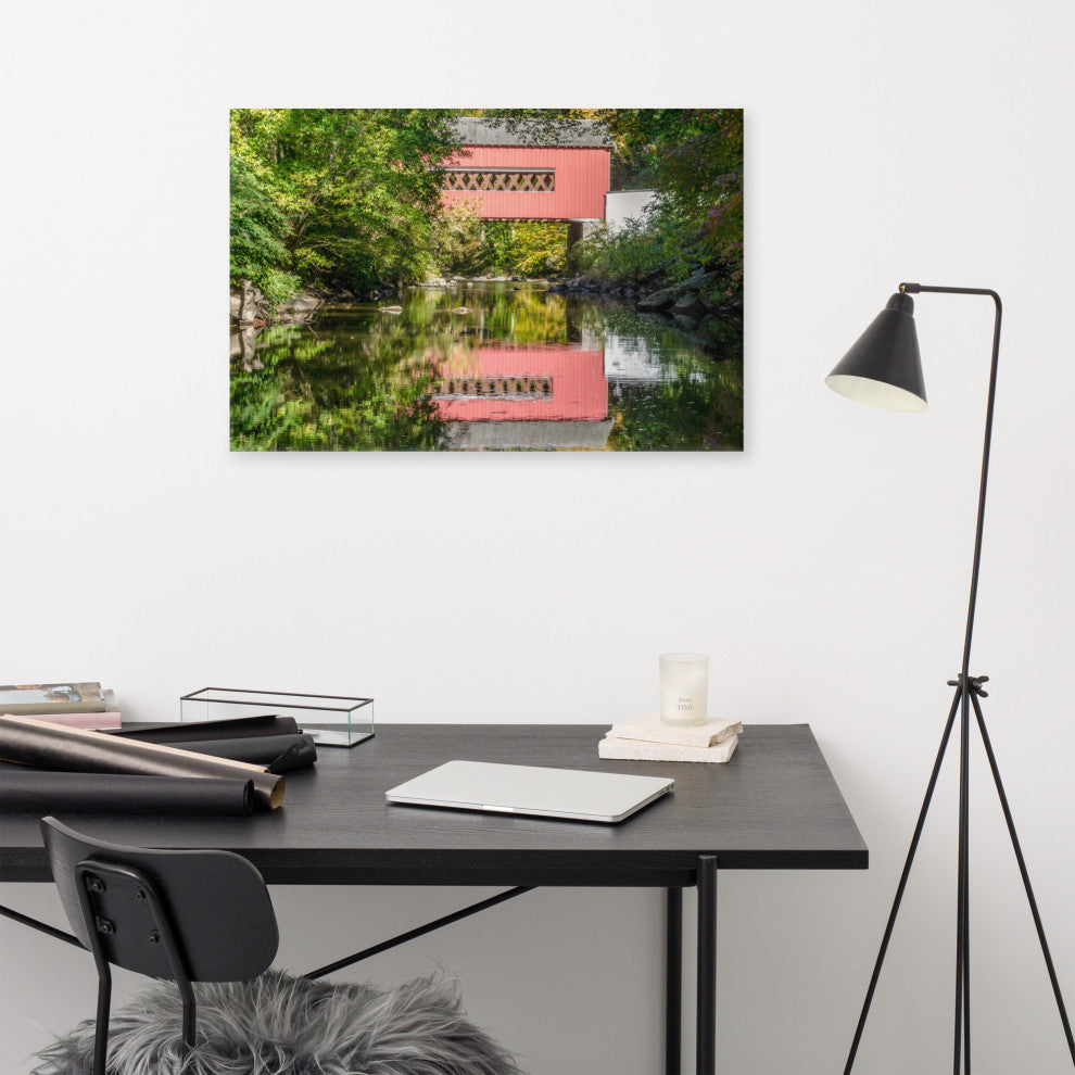 The Reflection of Wooddale Covered Bridge Canvas Wall Art Print, 24" X 36"