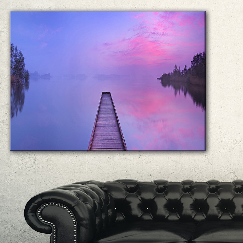 "Jetty in A Dawn Lake" Wooden Sea Bridge Canvas Wall Art, 1 Panel, 60"x28"
