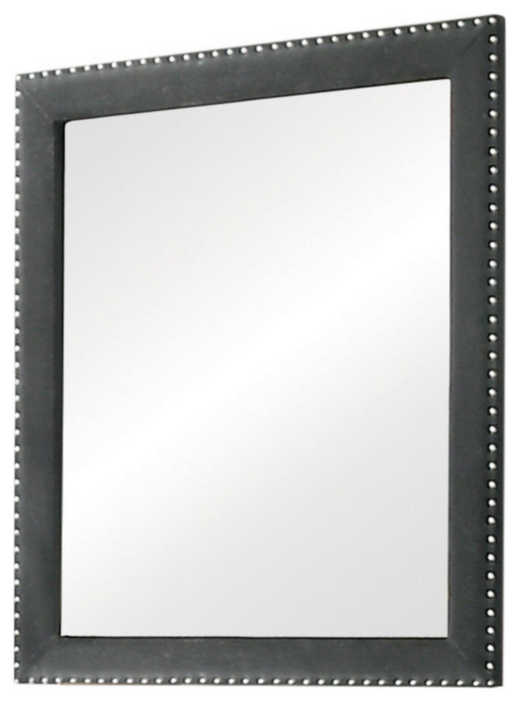 Cale 40 Inch Modern Portrait Mirror, Velvet Upholstery, Nailhead Trim, Gray