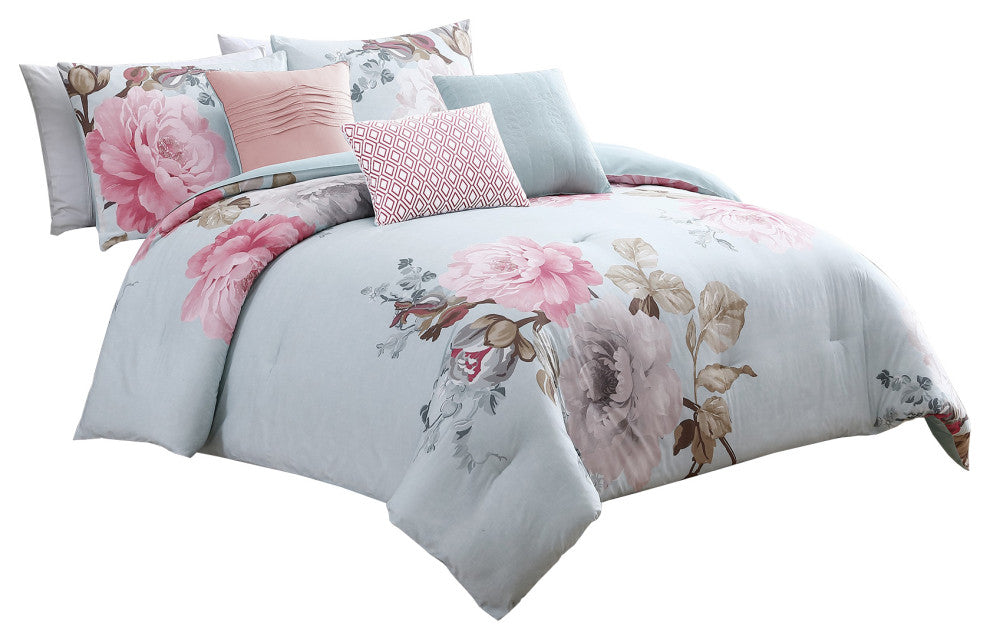 Benzara BM225193 King Size 7 Piece Fabric Comforter Set Floral , Multicolor