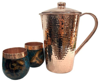 Set of 1 Copper Pitcher & 2 Marbled Tumblers