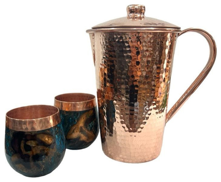Set of 1 Copper Pitcher & 2 Marbled Tumblers