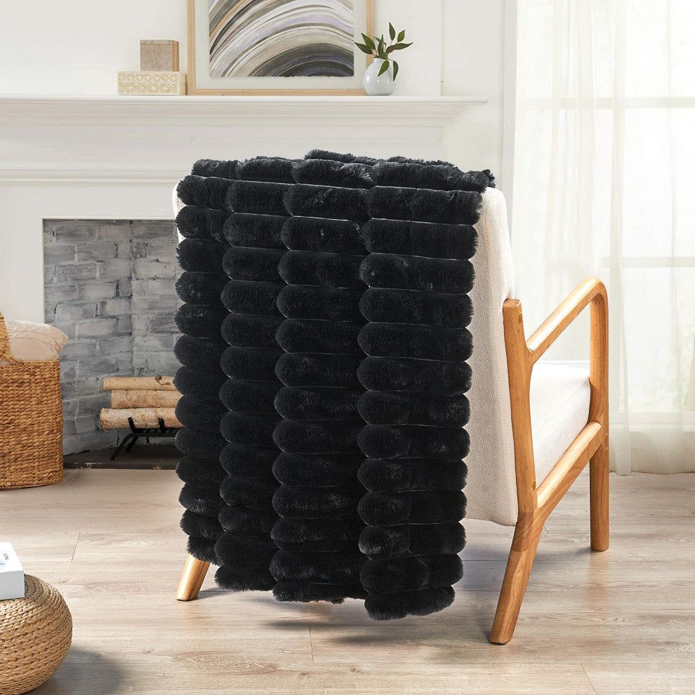 Fuzzy Striped Faux Fur Throw Blanket, Black