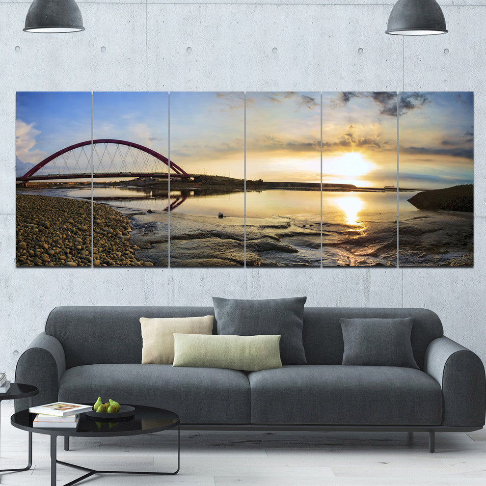 Bridge Sunset Panorama, Seashore Wall Art on Canvas, 70"x28", 6 Panels