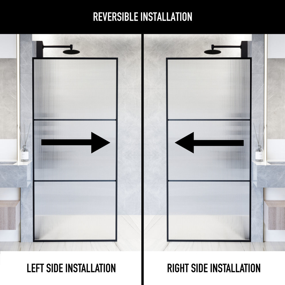 VIGO Divide 34" W x 74" H Framed Fixed Shower Screen, Matte Black, Fluted Glass