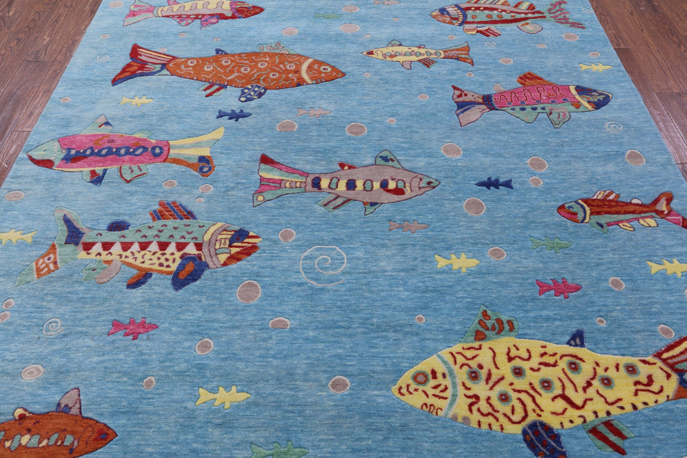 Gabbeh Fish Design Hand-Knotted Wool Rug 7' 11" X 10' 1" - Q13530